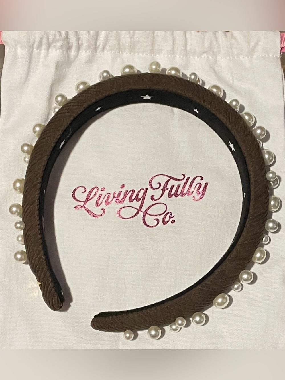 Living Fully Co. Pearl Headband in Brown Corduroy